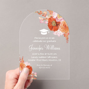 Invitations En Acrylique aquarelle orange fleurs moderne fête graduation