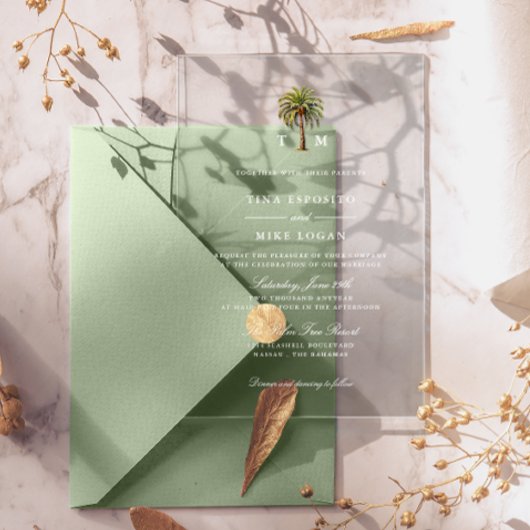 Invitations En Acrylique Aquarelle palmier tropical Monogram Mariage