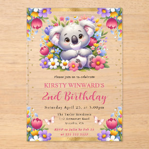 Invitations En Acrylique Aquarelle Pâques Koala & Fleurs de printemps Anniv