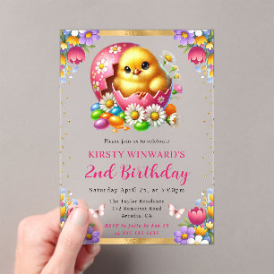 Invitations En Acrylique Aquarelle Pâques Poussin Fleurs de Printemps Anniv