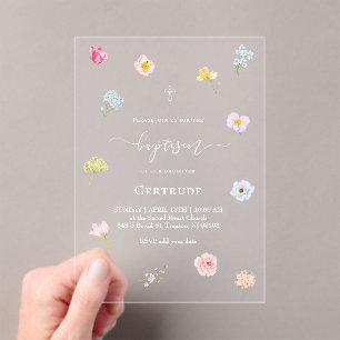 Invitations En Acrylique aquarelle petites fleurs Baptême