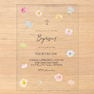Invitations En Acrylique aquarelle petites fleurs Baptême