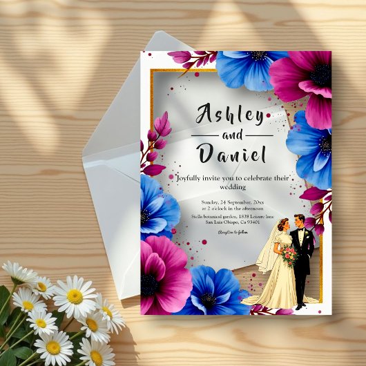 Invitations En Acrylique Aquarelle Purple Blue Flowers Mariage élégant