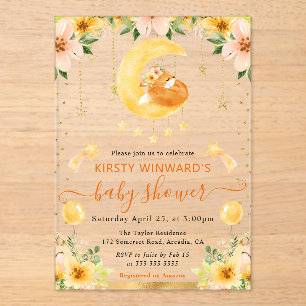 Invitations En Acrylique Aquarelle Renard Floral Mignon sur la Lune Baby Sh