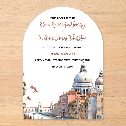 Invitations En Acrylique Aquarelle romantique Italie Destination Mariage (Recto)