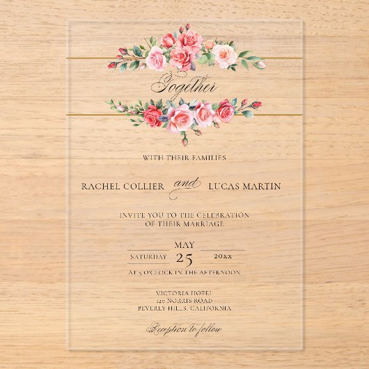 Invitations En Acrylique Aquarelle romantique Roses roses roses et calligra (Recto)