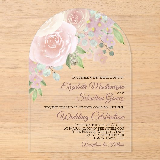 Invitations En Acrylique Aquarelle rose Boho Roses Élégant Mariage Arc (Recto)