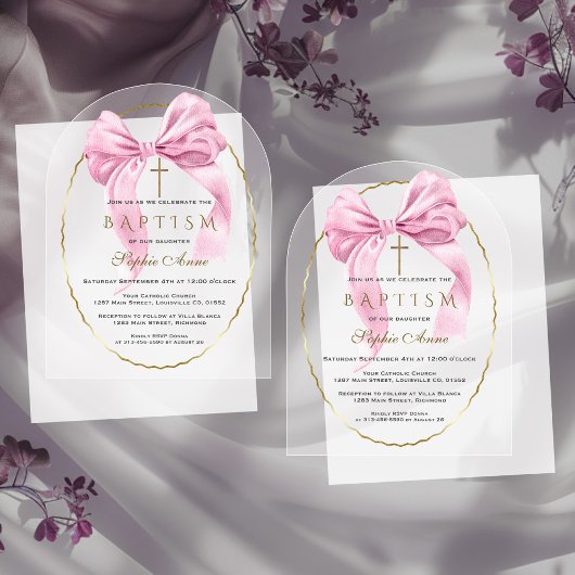 Invitations En Acrylique Aquarelle Rose Bow Girl Baptême transparent