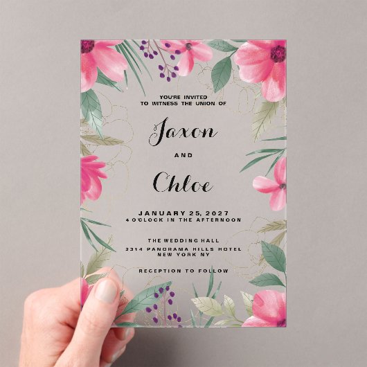 Invitations En Acrylique Aquarelle rose clair or Mariage floral (In situ (ordinateur de poche))