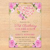Invitations En Acrylique Aquarelle rose Coeurs d'or Fleurs 21e anniversaire (Recto)