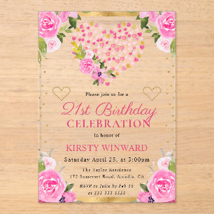 Invitations En Acrylique Aquarelle rose Coeurs d'or Fleurs 21e anniversaire