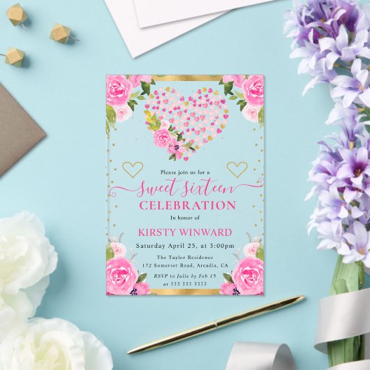 Invitations En Acrylique Aquarelle rose Coeurs or Fleurs doux 16 (Insitu (Mariage))