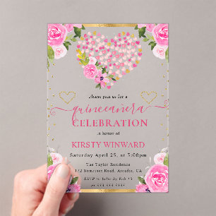 Invitations En Acrylique Aquarelle rose Coeurs or Fleurs Quinceanera