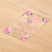 Invitations En Acrylique Aquarelle rose Coeurs or Fleurs Quinceanera (Poser)