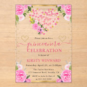 Invitations En Acrylique Aquarelle rose Coeurs or Fleurs Quinceanera (Recto)