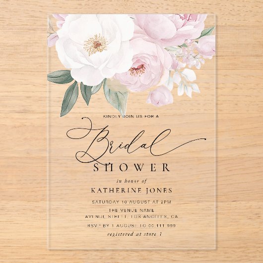 Invitations En Acrylique Aquarelle rose et fleurs blanches douche nuptiale (Recto)