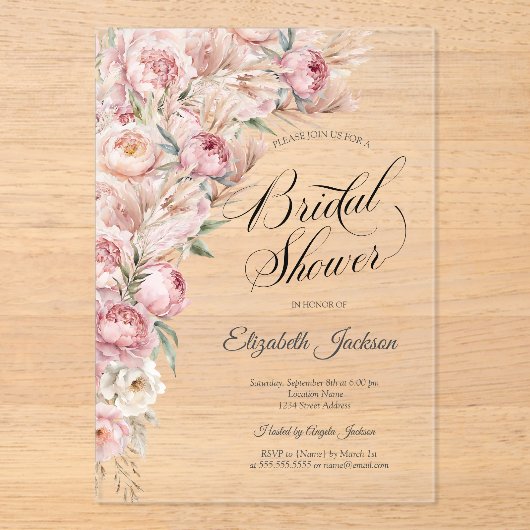 Invitations En Acrylique Aquarelle rose Fête des mariées Fleurs blanches (Recto)