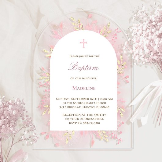 Invitations En Acrylique aquarelle rose feuillage Baptême
