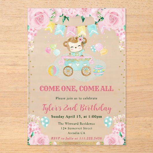 Invitations En Acrylique Aquarelle rose Fleurs Anniversaire de enfant singe (Recto)