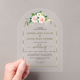 Invitations En Acrylique Aquarelle rose Fleurs blanches Mariage Arche or