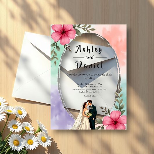 Invitations En Acrylique Aquarelle rose Fleurs Couple Boho Mariage d'été