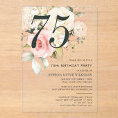 Invitations En Acrylique Aquarelle rose florale 75e fête d'anniversaire (Recto)