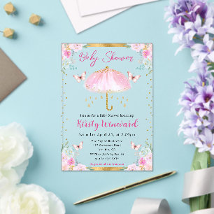Invitations En Acrylique Aquarelle Rose Gold Printemps Parapluie Baby Showe