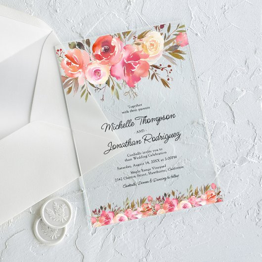Invitations En Acrylique Aquarelle rose Mariage photo