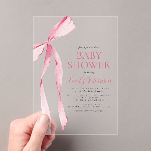 Invitations En Acrylique Aquarelle rose pâle Bow Girl Baby shower (In situ (ordinateur de poche))