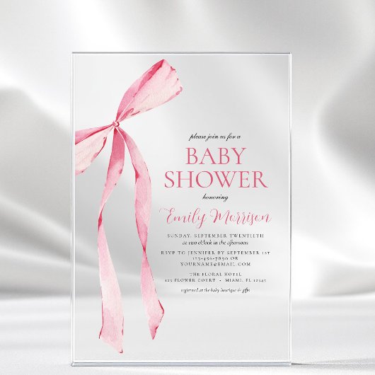 Invitations En Acrylique Aquarelle rose pâle Bow Girl Baby shower