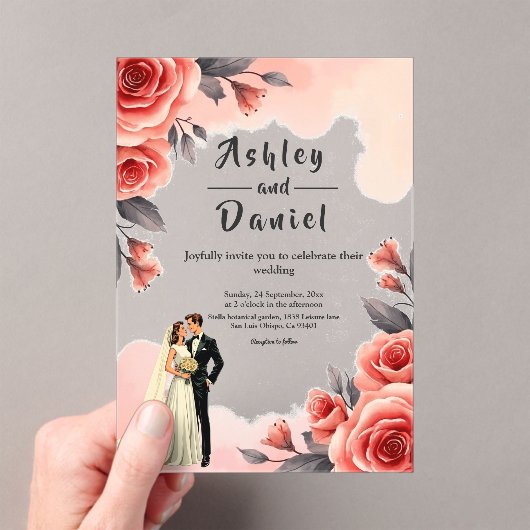 Invitations En Acrylique Aquarelle rose pâle Floral Bride & Mariage de cham (In situ (ordinateur de poche))