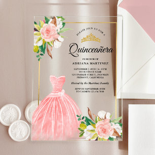 Invitations En Acrylique Aquarelle rose pâle Floral Gown Or Quinceanera