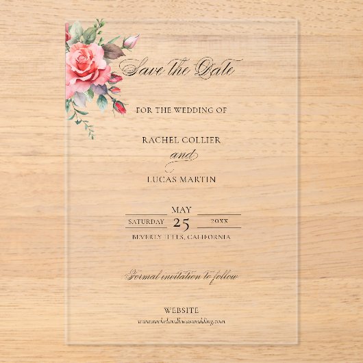 Invitations En Acrylique Aquarelle rose roses et calligraphie Enregistrer l (Recto)