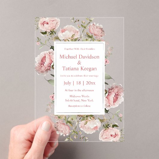 Invitations En Acrylique aquarelle rose script fleurs florales mariage (In situ (ordinateur de poche))