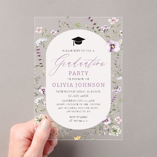 Invitations En Acrylique Aquarelle rose violet Fleur sauvage Graduation (In situ (ordinateur de poche))