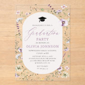 Invitations En Acrylique Aquarelle rose violet Fleur sauvage Graduation (Recto)