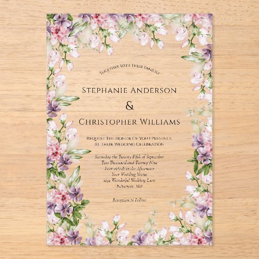Invitations En Acrylique Aquarelle rose violet Mariage de verdure fleurie (Recto)