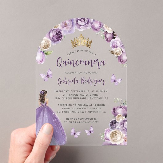 Invitations En Acrylique Aquarelle Rose violette Quinceañera (In situ (ordinateur de poche))