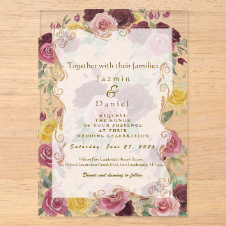 Invitations En Acrylique Aquarelle Roses Jaunes Bourguignon Poussiéreux/Tra