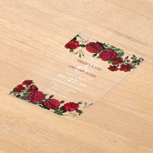 Invitations En Acrylique Aquarelle Roses rouges Effacer Mariage transparent (Poser)