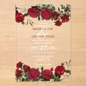 Invitations En Acrylique Aquarelle Roses rouges Effacer Mariage transparent (Recto)