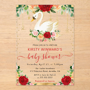 Invitations En Acrylique Aquarelle Roses Rouges et Orange Cygne Baby Shower