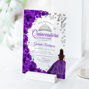 Invitations En Acrylique Aquarelle Roses Violettes Quinceanera Argentée