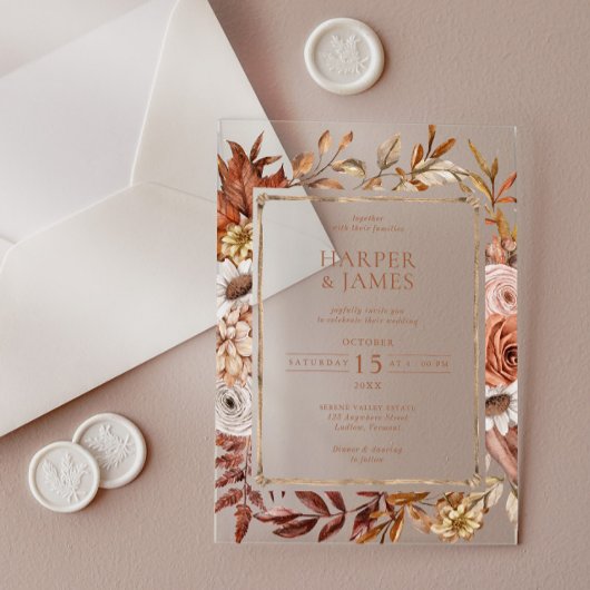 Invitations En Acrylique Aquarelle rustique Mariage de cadre Floral Automne