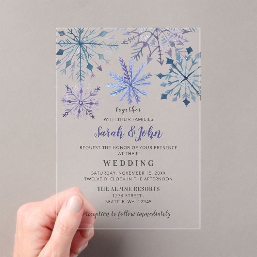 Invitations En Acrylique Aquarelle rustique Snowflakes Blue Winter Wedding (In situ (ordinateur de poche))