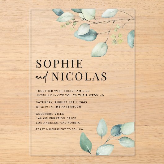 Invitations En Acrylique Aquarelle Sage Green Eucalyptus Branches Mariage (Recto)