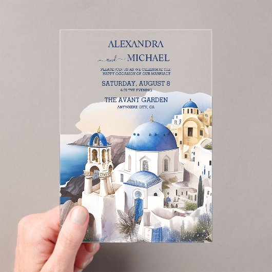 Invitations En Acrylique Aquarelle Santorin Destination Mariage (In situ (ordinateur de poche))