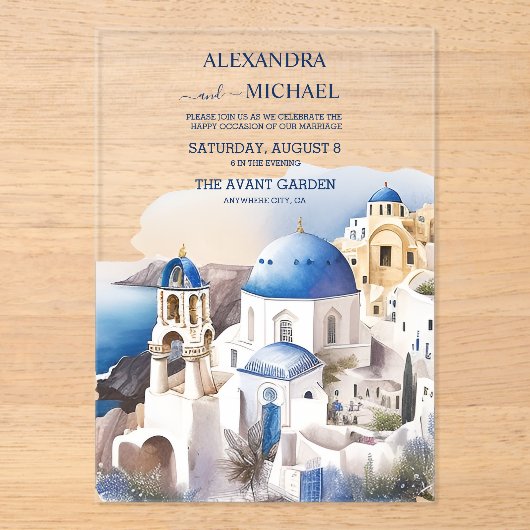 Invitations En Acrylique Aquarelle Santorin Destination Mariage (Recto)