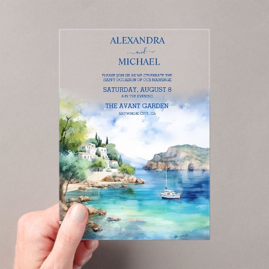 Invitations En Acrylique Aquarelle Santorin Mariage grec (In situ (ordinateur de poche))