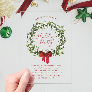 Invitations En Acrylique Aquarelle Snowberry Green Fête de Vacances Wreath